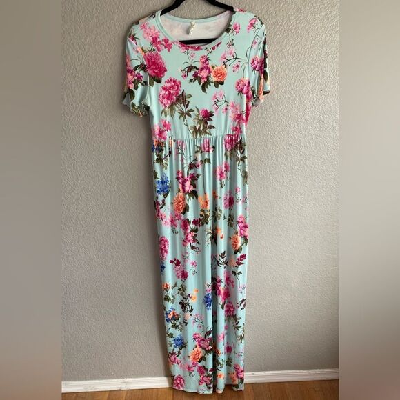 Bellamie Floral Maxi Dress Aqua Pink w/ Pockets Size L - Picture 2 of 12